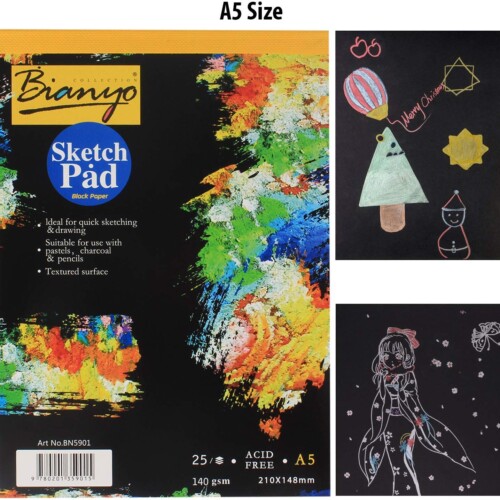 Bianyo Hardback A5 140 gsm 25 Sheets Black Paper Artist’s Sketch Drawing Pad, 210mm x 148mm-0