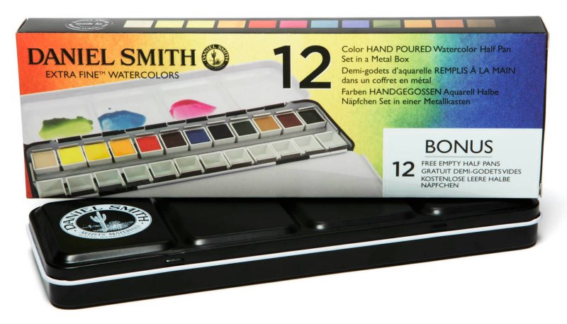 DANIEL SMITH 12 Color Hand Poured Watercolor Half Pan Set in a Metal Box-0