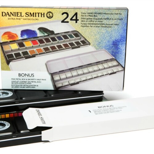 DANIEL SMITH 24 Color Hand Poured Watercolor Half Pan Set in a Metal Box-0