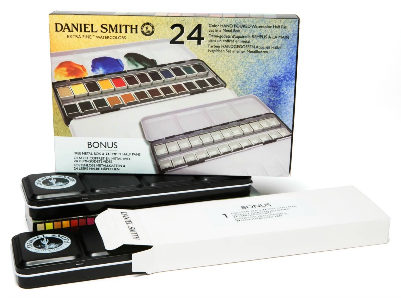 DANIEL SMITH 24 Color Hand Poured Watercolor Half Pan Set in a Metal Box-0