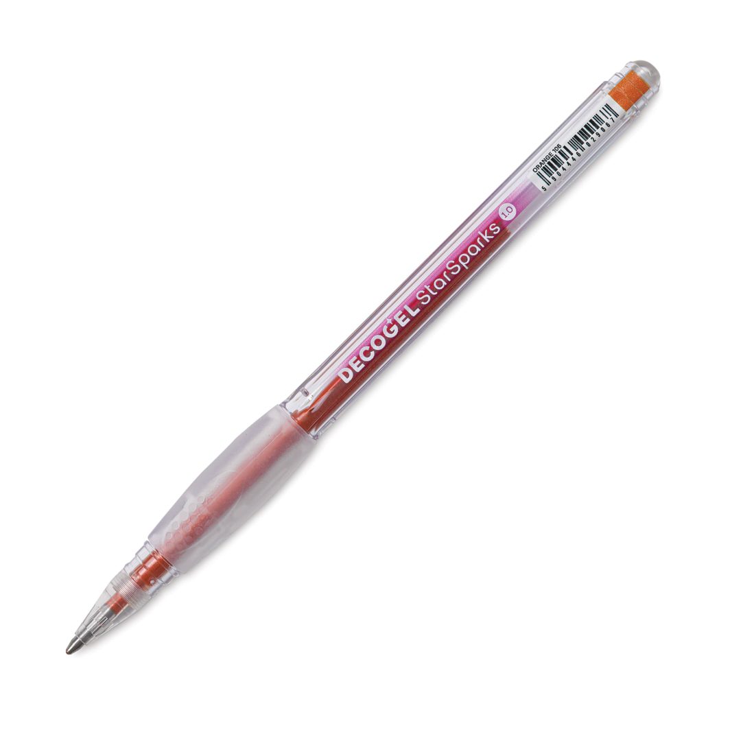 Karin Deco Gel Pen1.0 StarSparks Orange The Deco Gel pen 1.0 StarSparks series feature gel pens of lightfast ink with intense glitter effect. Deco Gel Pen 1.0 feature high-quality tips that allow for the creation of smooth, dynamic lines of varying thickness depending on the pressure and speed of drawing. Works on light and dark paper and a variety of surfaces. Deco Gel 1.0 gel pen write on surfaces such as glass, foil, metal, stone and more, providing unlimited creative possibilities. Perfect for creating decorative lettering. Useful for creating shining, metallic applications in scrapbooking projects, greeting cards, gift decorations, and they work great with mixed media. Color : Orange 106 Other available options: Individual Gel pen 50 colors available, MilkyWay set 10 pc, Metallic set 20 pc, Star Sparks set 20 pc and Cosmic set 50 pc.