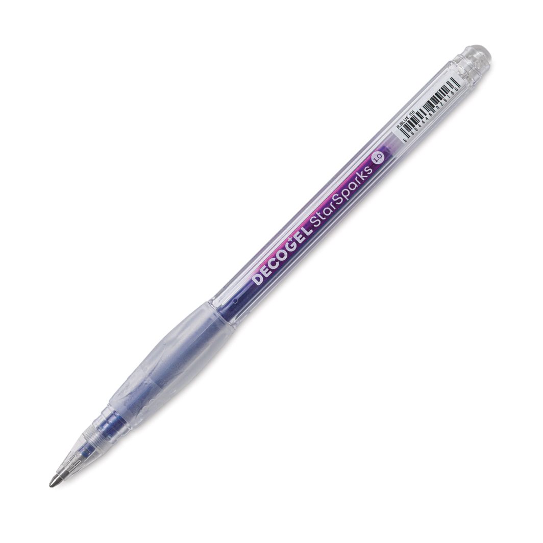 Karin Deco Gel Pen 1.0 Star Sparks R. Blue The Deco Gel pen 1.0 Star Sparks series feature gel pens of lightfast ink with intense glitter effect. Deco Gel Pen 1.0 feature high-quality tips that allow for the creation of smooth, dynamic lines of varying thickness depending on the pressure and speed of drawing. Works on light and dark paper and a variety of surfaces. Deco Gel 1.0 gel pen write on surfaces such as glass, foil, metal, stone and more, providing unlimited creative possibilities. Perfect for creating decorative lettering. Useful for creating shining, metallic applications in scrapbooking projects, greeting cards, gift decorations, and they work great with mixed media. Color Karin Deco Gel Pen 1.0 Star Sparks R. Blue: R Blue